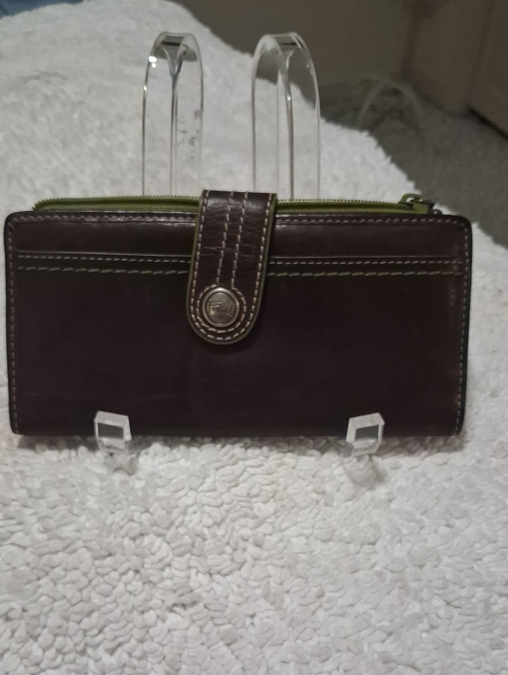 Fossil Dark Brown Wallet with Olive Green Zip Accent